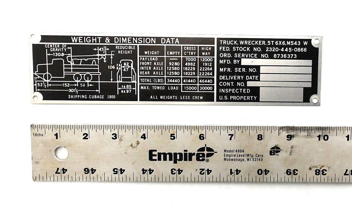 Data Plate Tag M543 Wrecker Weight and Dimension Data Plate